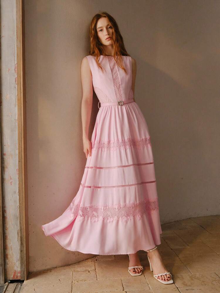 WOMEN'S ELEGANT SLEEVELESS LACE PATCHWORK ROUND NECK CINCHED WAIST LONG DRESS, PINK