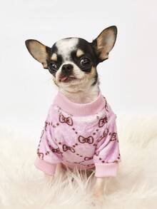 PETSIN 1件印花蝴蝶结法兰绒卫衣，宠物秋冬加厚保暖粉色款 - 粉色 - 查看 8