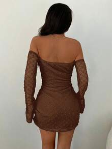 Aloruh Women's Solid Color Off-Shoulder Long Sleeve Fashionable Mini Dress - Brown - View 2