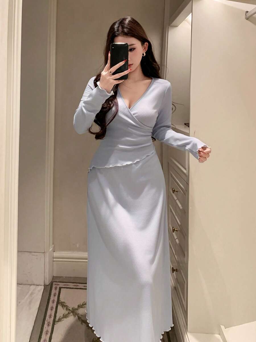 DAZY 提花针织裹腰中长连衣裙，女士家居服 - 淺藍色 - 查看 1