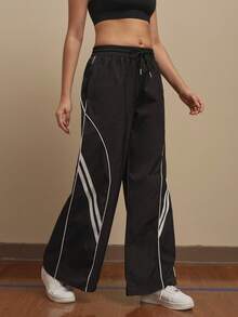 Cheerettes 女士抽绳腰带条纹口袋阔腿宽松休闲运动裤 - 黑與白 - 查看 6