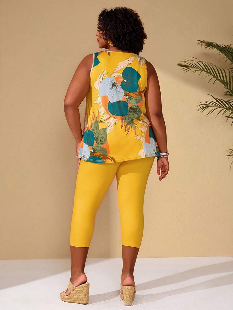 Plus Size Women Floral Print Round Neck Camisole And Leggings Casual 2 Piece Set For Summer/ Vacation Summer Outfits Summer Clothes  Spring  Spring Outfit Women Spring Clothes Beach Vacation Outfits For Women Bohemian 2 Piece Sets Woman Summer Summer Pant Set Capri Pants Set