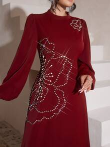 Al Najma Burgundy Elegant Beaded Lantern Sleeve Flared Hem Dress, Slimming, Spring/Summer - Burgundy - View 3