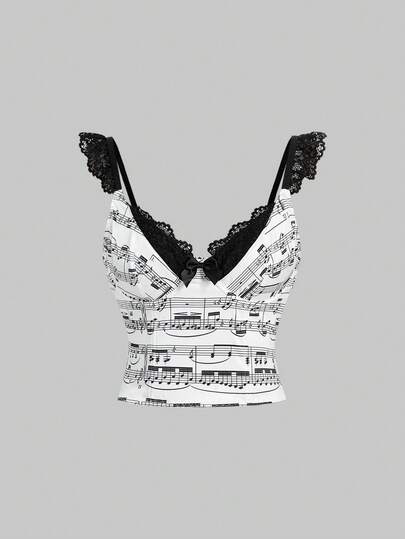 J-Fashion Crop top de mujer con estampado de notas musicales Y2K y ribete de encaje en contraste