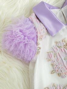 Glamorique Kids Đầm hè mới cho bé gái, chất liệu organza jacquard, cổ chữ A, tay áo satin màu tím với thiết kế voan phồng, kiểu dáng cổ điển, thích hợp cho các bữa tiệc và dịp trang trọng. - Hồng - Xem 5
