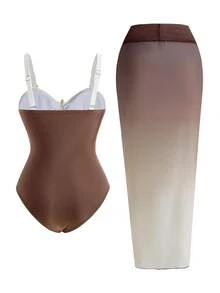 Swim Oasis Nuovo costume da bagno intero da donna taglie forti con spalline sottili e tre colori, con gonna lunga e trasparente, costume da bagno casual a due pezzi per vacanze - Multicolore - Visualizzare 3