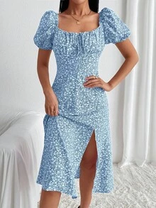 Breezaya Women's Ditsy Floral Tie Front Puff Sleeve Side Slit Hem Elegant Romantic Vacation Dress - Blue and White - View 8