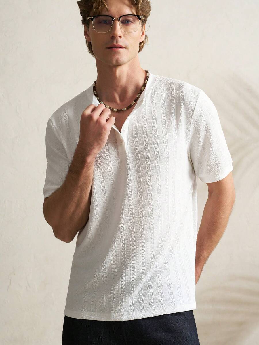 Airaco Vintage gestreifter Henley-Ausschnitt Strickpullover für Herren - Weiss - Übersicht 1