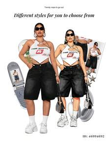 SHEIN ICON Blue Plus Size Denim Shorts Street Sexy Loose Pants Y2k Diagonal Pocket Denim Capris - Black - View 8