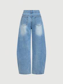 Sweetra Fashionable Casual Women's Asymmetric Waist Pocket Tapered Jeans - Blue - View 2