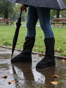 可折叠黑色雨靴套，防滑防水高帮鞋套，适用于户外、办公、旅行、骑行和收纳 - 便携式 - 深黑色 - 查看 5