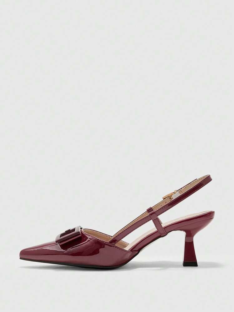 CUCCOO BIZCHIC Chaussures à talons hauts pour femmes avec boucle carrée décorative et sangle ajourée, rouge vin. Talon stiletto classique, style casual, boîte de nuit, fête