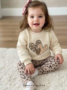 Cozy Pixies 2pcs Baby Girl Leopard Heart Pattern Crew Neck Long Sleeve Sweatshirt & Elastic Waist Thick Thermal Lined Leggings Set, Suitable For Winter