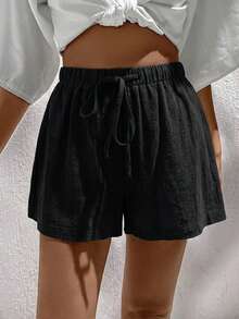 Easowa 女士休闲100%纯棉梭织短裤，适合春夏度假休闲穿着 - 黑色 - 查看 3