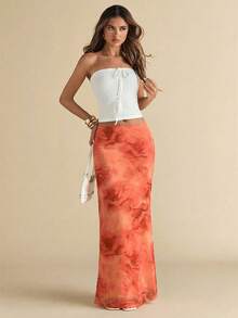 SHEIN BAE Women's Floral Pattern Mesh Midi Skirt, Summer - Orange - View 3