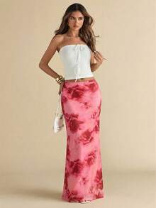 SHEIN BAE Women's Floral Pattern Mesh Midi Skirt, Summer - Rose Red - View 3