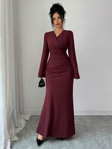 SHEIN Elenzya Women's Elegant Long Red Dress, New Year Dress, New Year Outfit, Thanksgiving Outfit, Elegant Party Dress, Long Party Dress, Wedding Guest Dress, Fashion Wedding Evening Gown - Burgundy - View 6