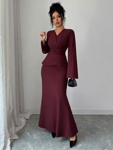 SHEIN Elenzya Women's Elegant Long Red Dress, New Year Dress, New Year Outfit, Thanksgiving Outfit, Elegant Party Dress, Long Party Dress, Wedding Guest Dress, Fashion Wedding Evening Gown - Burgundy - View 7