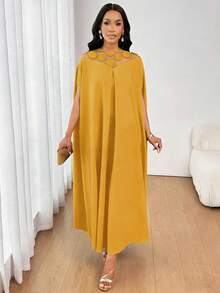 SHEIN Lady 女士时尚优雅网纱拼接连衣裙 - 黃色 - 查看 3