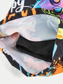 SHEIN 青少年男童休闲百搭舒适电子游戏及街头图案印花拼接宽松内衬泳裤沙滩裤 - 黑色 - 查看 4