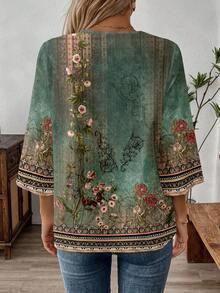 EMERY ROSE Plus Size Bohemian Floral Print Shirt, Suitable For Vacation Carnival - Multicolor - View 2