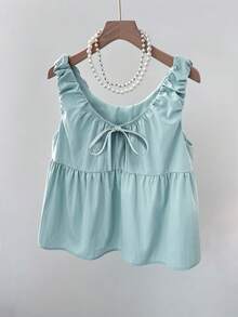 GlowEve Sleeveless Pleated Bow Tie Strap Ruffle Hem A-Line Women Blouse Shirt - Mint Green - View 4