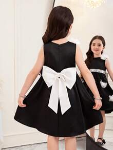SHEIN Young Girl Black Summer Traditional Wedding Dress,Woven 3D Floral Round Neck Sleeveless Party Dress With White Bow,Tween Formal Princess Flower Girl - Black and White - View 4