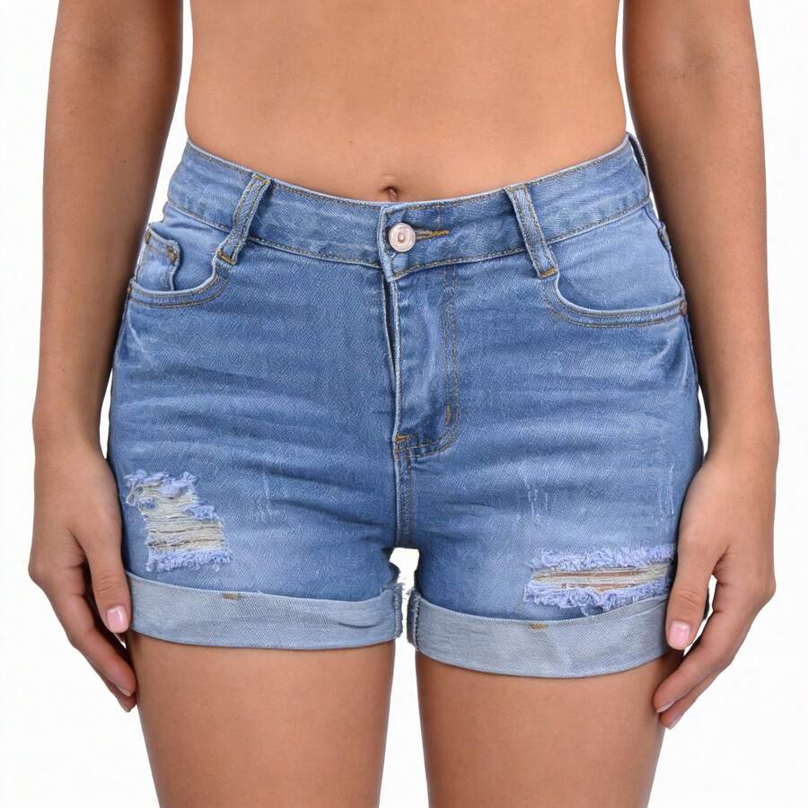 Shorts de Mezclilla Con Desgarre Para Mujer - Lavado ligero - Ver 1