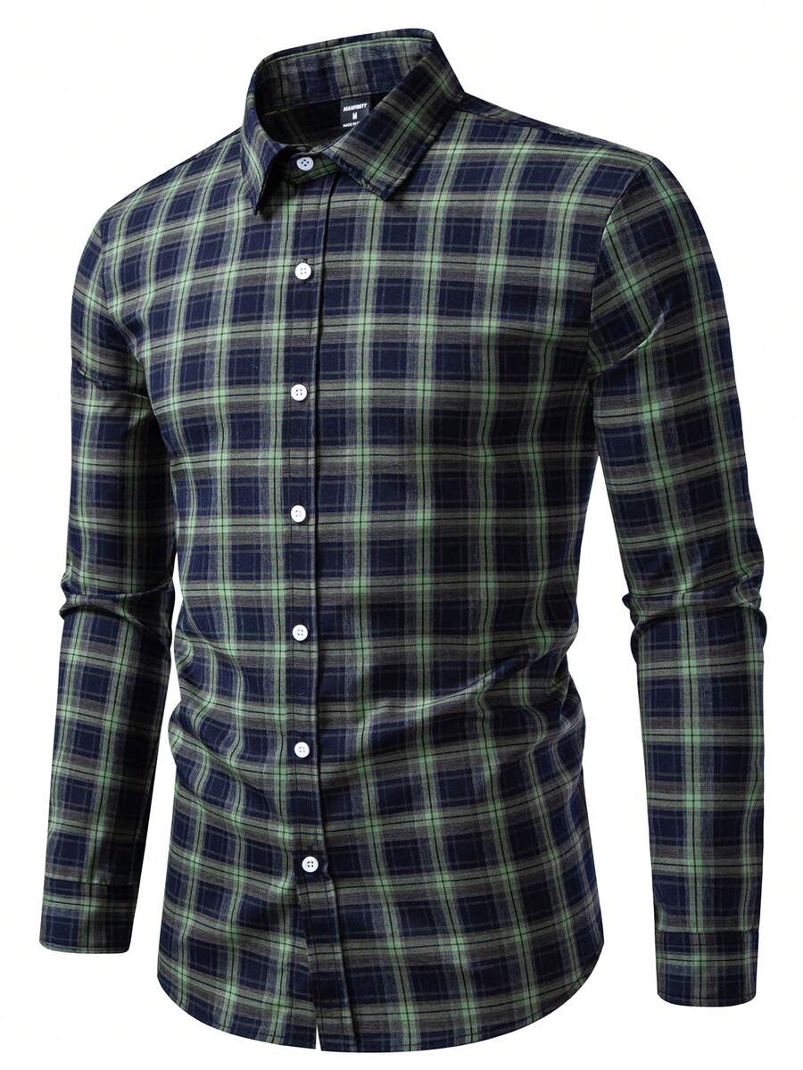 Manfinity Nomadique Men's Casual Plaid Long Sleeve Shirt, Spring/Autumn Men's Casual Dress Shirt Men Shirts Plaid Men Shirt Dresses Shirt For Man Men's Plaid Button Up - Dark Green - View 1