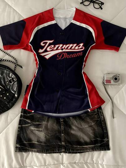 Glimmora Women's Letter Print V-Neck Short Sleeve Casual Single-Breasted Top