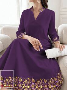 SHEIN Najma Women's Floral & Plant Faux Sequin Digital Print V-Neck Long Sleeve Elegant Arabic Style Maxi Dress, Spring - Multicolor - View 1