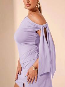 SHEIN BAE 大码女式黑色不对称肩部衬衫，适合通勤、约会、下午茶、情人节、夏季、生日等场合，性感大码上衣，凸显曲线，适合正式场合、派对等，飘逸宽松。 - 淡紫色 - 查看 4