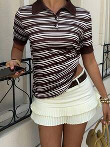 Siren Gaze T-shirt à manches courtes rayé, polyvalent et décontracté avec demi-zip pour femmes - Tabac - Voir 4