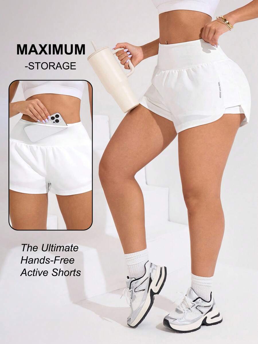 Rhythm Era Plus Size Women Basic Yoga Shorts, 2 In 1 Design, Suitable For Gym, Outdoor Activities - White - View 1