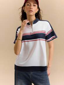 Hanevo Áo thun nữ cổ tròn kẻ sọc, khóa kéo kim loại ở vai, kiểu dáng thường ngày, đa năng cho đi làm, thích hợp cho mùa xuân/hè. - Nhiều màu - Xem 5