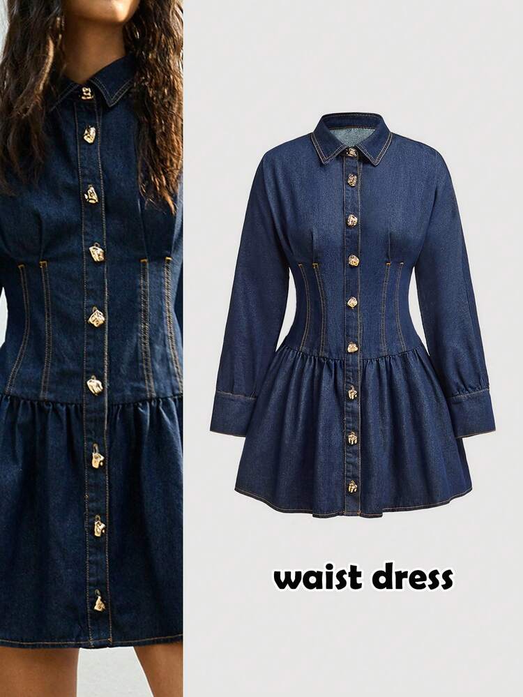 SHEIN Maija Abito casual in jeans a vita stretta con bottoni singoli e maniche lunghe per donna
