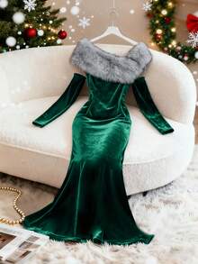 Franclia 女士仿毛皮领鱼尾下摆修身优雅时尚连衣裙 - 墨綠色 - 查看 5