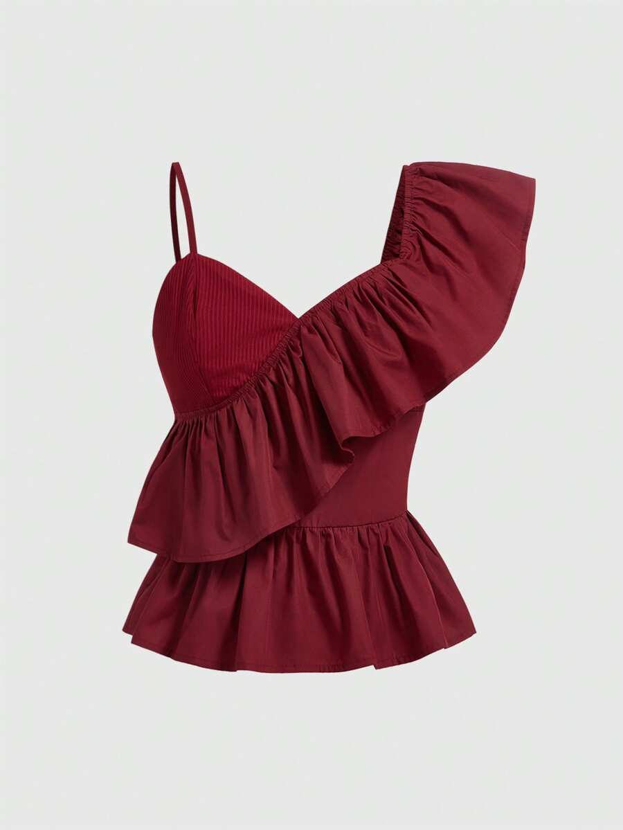 ROMWE Kawaii Women's Solid Color Ruffle Splice Fashionable Versatile Date Casual Top - Burgundy - View 1