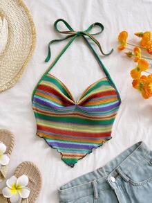 Soleia 女士性感露背系带褶皱条纹短款上衣，沙滩度假风 - 綠色 - 查看 3