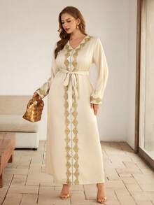 Roveilla Vestido de manga larga con cuello en V, cintura con lazo y puños con volantes, estilo patchwork, talla grande, estilo de Oriente Medio - Albaricoque - Ver 4