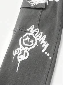 Tween Boy Button Fly Casual Jeans With Letter & Smiling Face Graphic, Versatile For Daily Wear - Light Grey - View 5