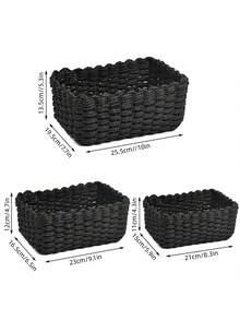 1 pieza Set de 3 cestas tejidas a mano de paja marina con diseño geométrico bohemio para organización del hogar, baño, dormitorio, sala de estar, escritorio, estilo costero - Negro - Ver 2