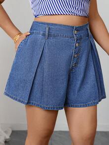 Elenzga Quần short denim mùa hè cỡ lớn, kiểu dáng thường ngày. - Rửa trung bình - Xem 1
