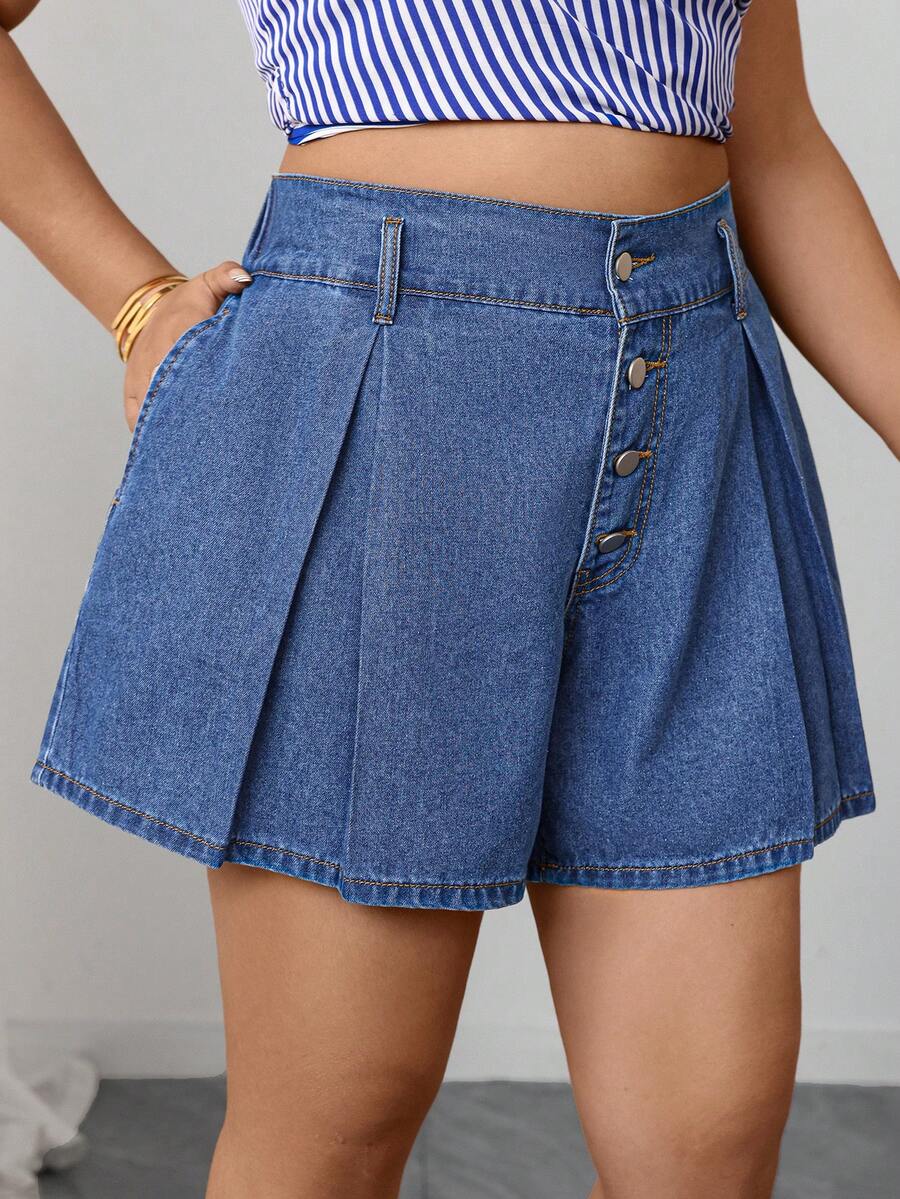 Elenzga Quần short denim mùa hè cỡ lớn, kiểu dáng thường ngày. - Rửa trung bình - Xem 1