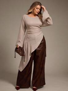 Auralis 大码女装春秋时尚休闲宽松舒适日常喇叭袖不规则下摆杏色和卡其色长袖衬衫，春季穿搭，曲线身材服装，保守上衣 - 杏色 - 查看 1