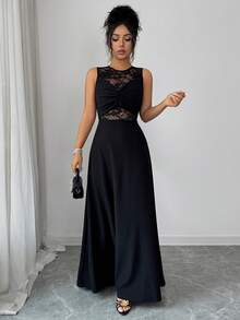 Elenzga Women's Elegant Romantic Sexy Party Lace Patchwork Round Neck Twist Waist Flowy Dress - Black - View 5