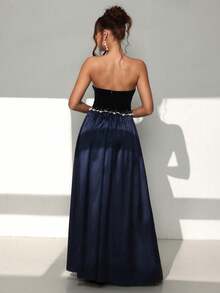 SHEIN 女士无袖珍珠装饰丝绒缎面拼接连衣裙 - 藏蓝色 - 查看 2