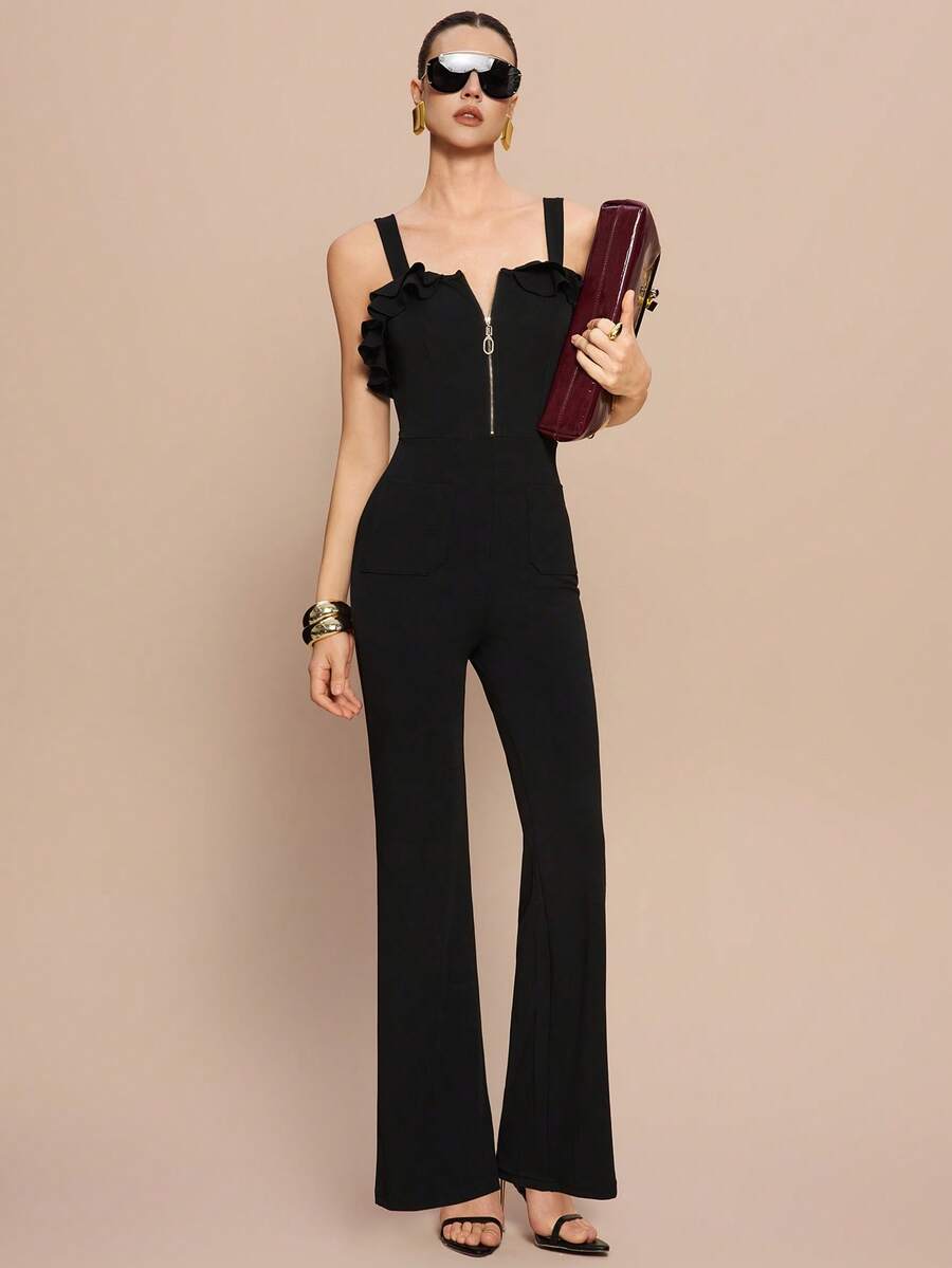 Leighera Bộ jumpsuit đen ôm sát người, trang trí khóa kéo, viền bèo nhún thanh lịch. - màu đen - Xem 1
