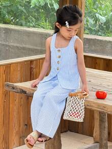 SHEIN 年轻女孩休闲街头时尚通勤装条纹方领无袖上衣和直筒裤套装 - 淺藍色 - 查看 7