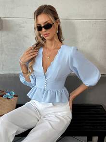 Pariaura Ladies' French V-Neck Puff Sleeve Three-Quarter Sleeve Blouse With Chest Ruffles, Front Button Placket With Single Row Of Mushroom Buttons, Solid Color Belted Shirt. Suitable For All Four Seasons: Spring, Summer, Autumn, And Winter - Blue - View 3